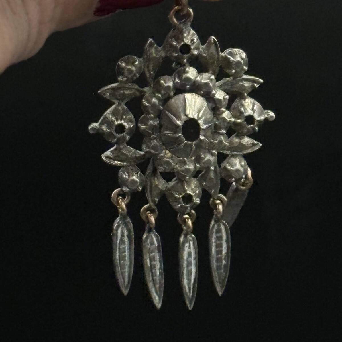 Beautiful antique silver pendant, table diamonds, 14 ct gold ring 5 cm x 3.5 cm - circa 1850