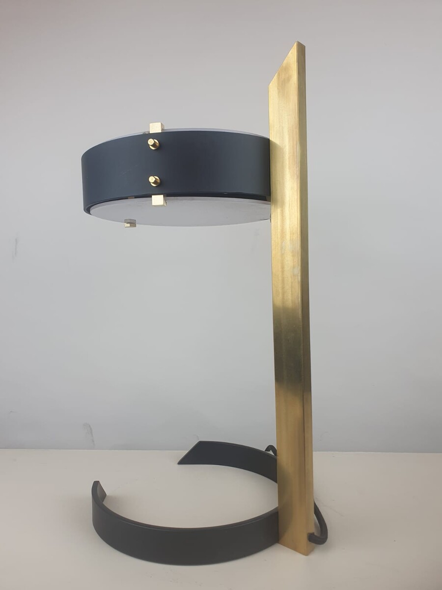 Brass, sheet metal and plexiglass desk lamp, Italy circa 1970