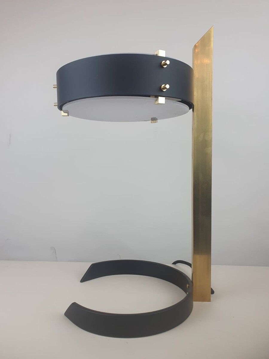 Brass, sheet metal and plexiglass desk lamp, Italy circa 1970