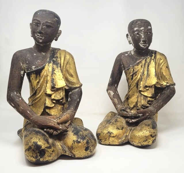 Buddhist monks in polychrome carved wood