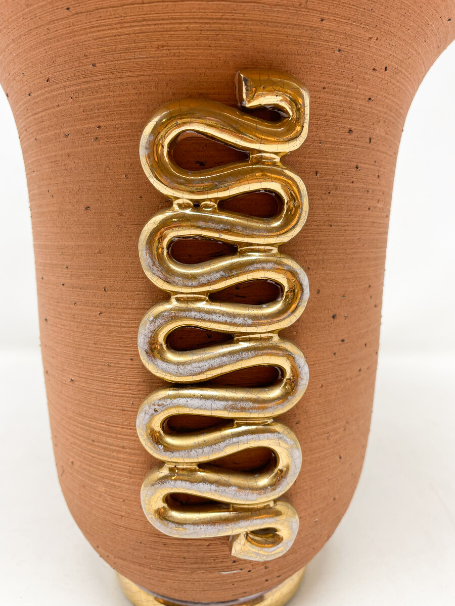 Ceramic Vase with Gold Snake Shape ornamental, Luc Lanel Style , 1940s