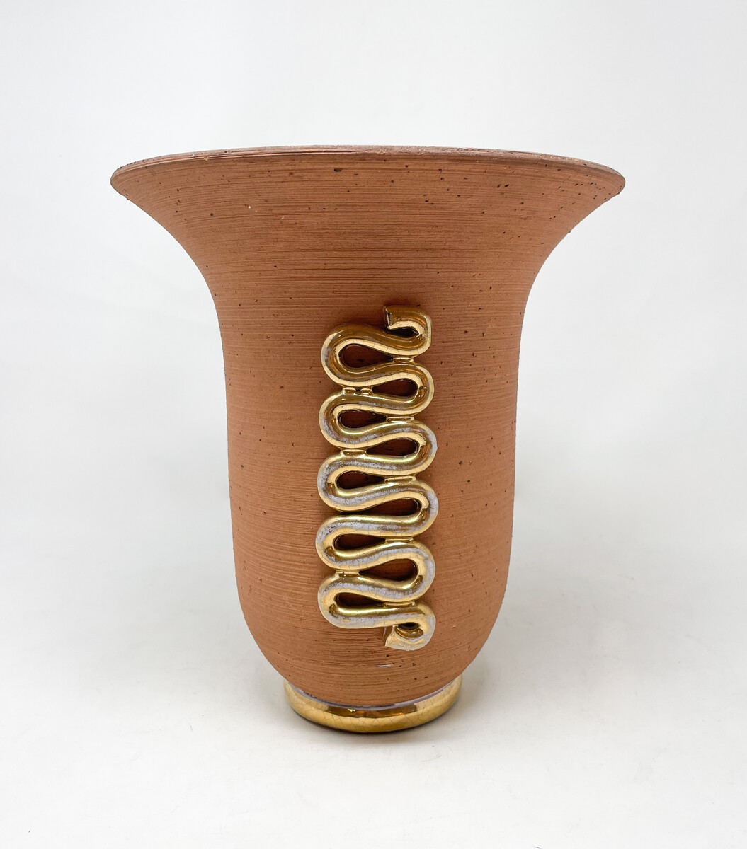 Ceramic Vase with Gold Snake Shape ornamental, Luc Lanel Style , 1940s