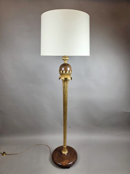 Chambon, weathered and gilded wooden floor lamp, circa 1940