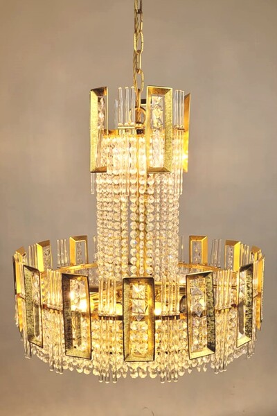 Chandelier in gilded brass and glass garlands - 12 lights