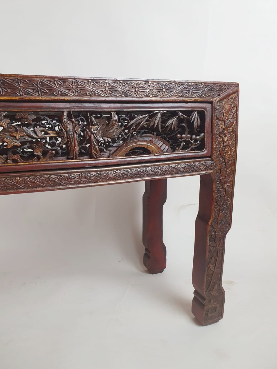 Chinese bench, red lacquered, finely carved with figures, early 20th century