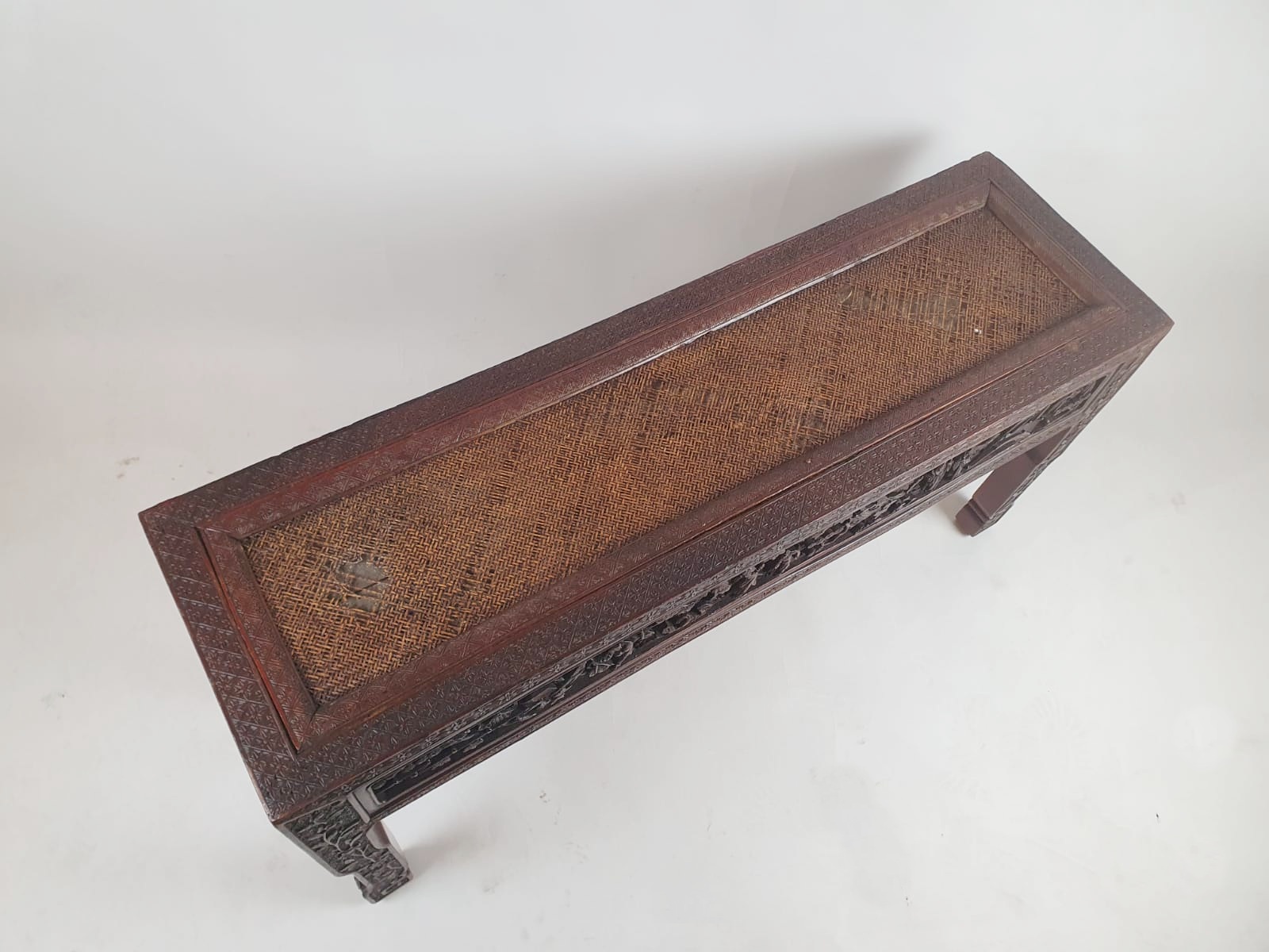 Chinese bench, red lacquered, finely carved with figures, early 20th century