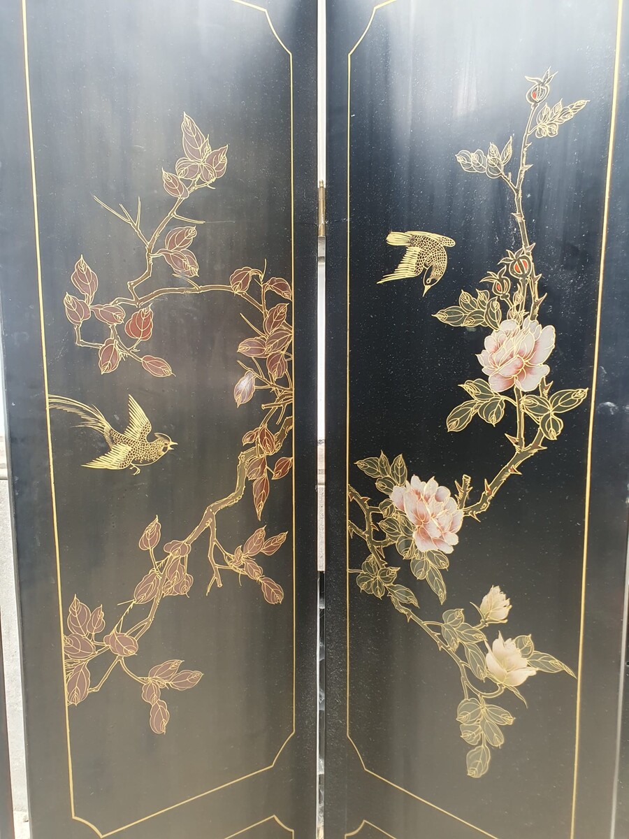 Chinese screen with 6 double-sided leaves, mother-of-pearl and polychrome wood, circa 1970