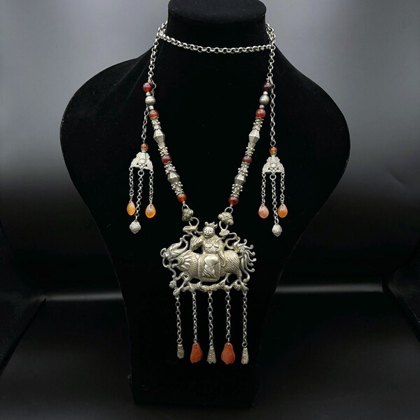 Chinese Silver Necklace With Carnelian Beads.flag 20th.c