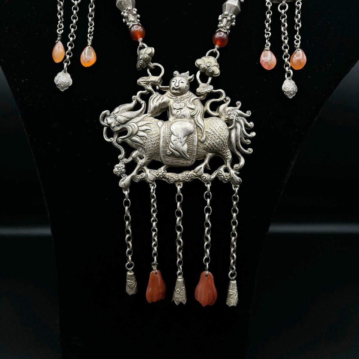 Chinese Silver Necklace With Carnelian Beads.flag 20th.c