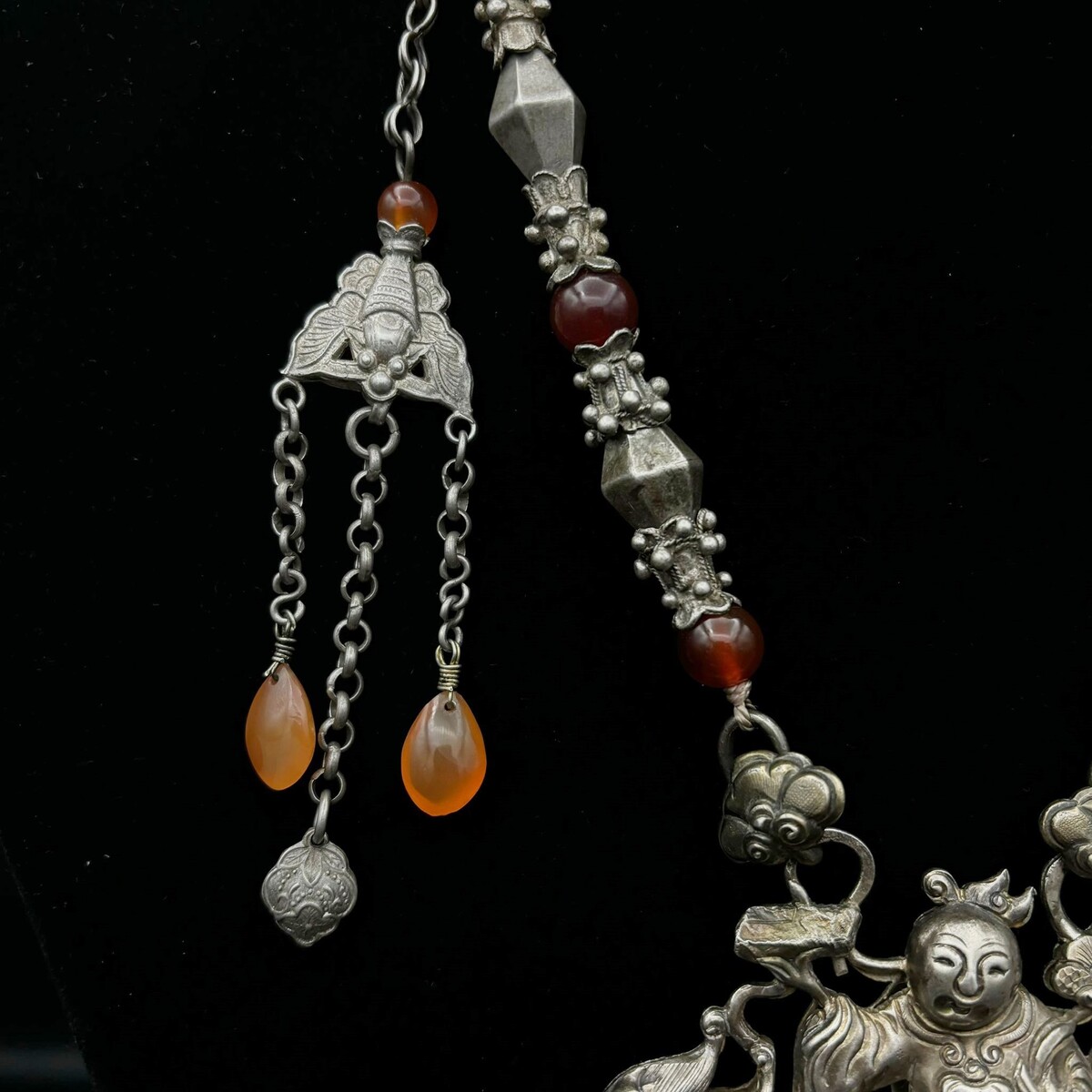 Chinese Silver Necklace With Carnelian Beads.flag 20th.c