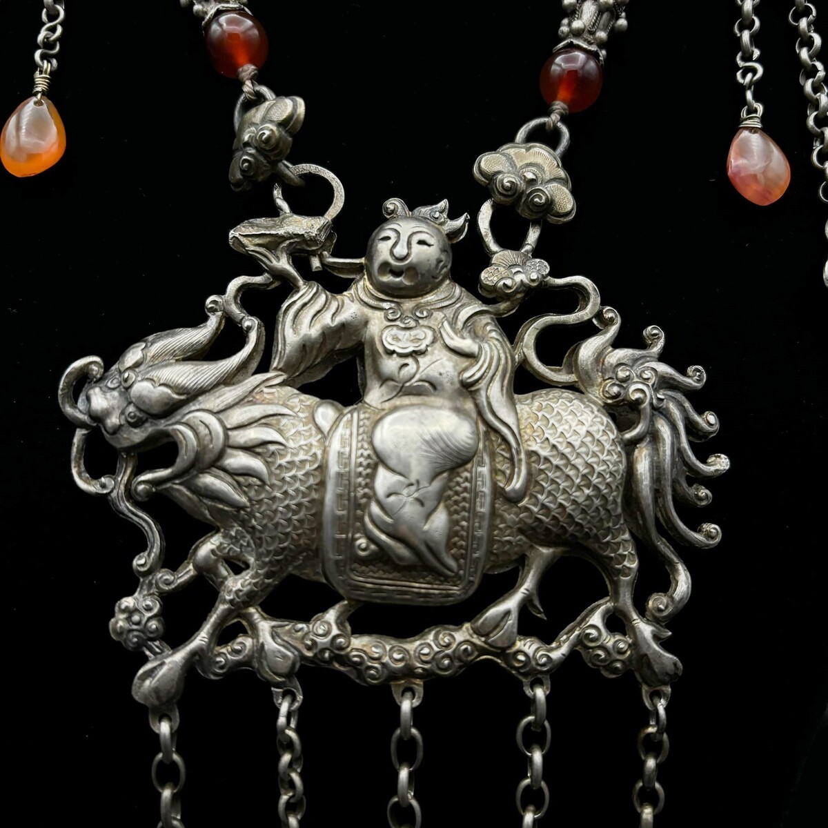 Chinese Silver Necklace With Carnelian Beads.flag 20th.c