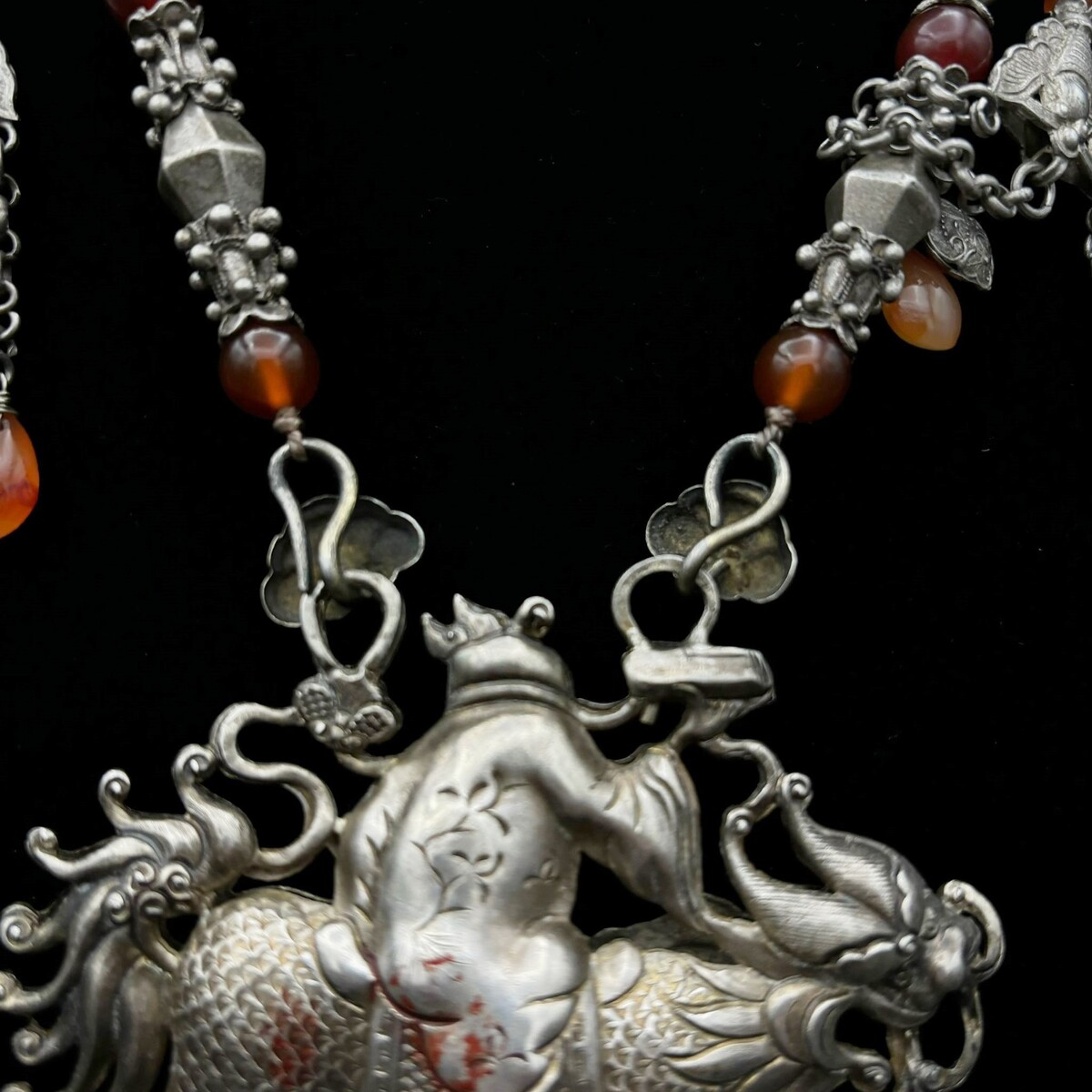 Chinese Silver Necklace With Carnelian Beads.flag 20th.c