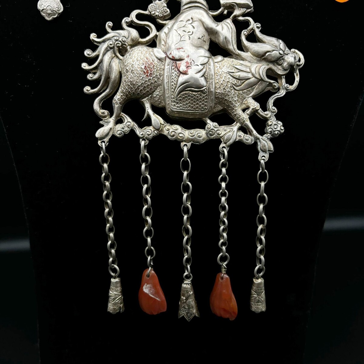 Chinese Silver Necklace With Carnelian Beads.flag 20th.c