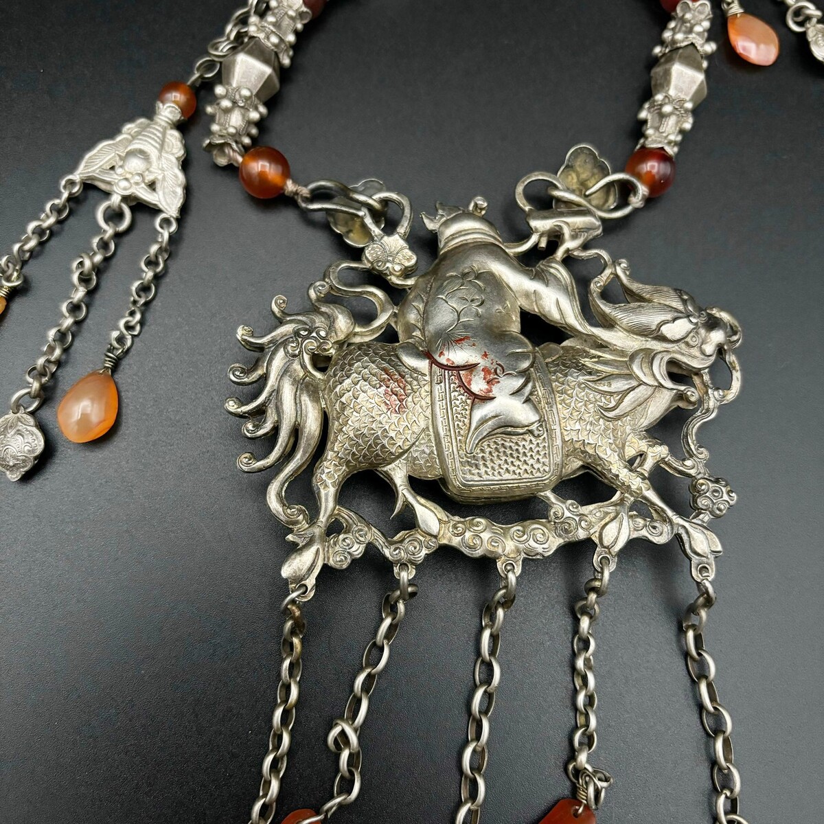 Chinese Silver Necklace With Carnelian Beads.flag 20th.c