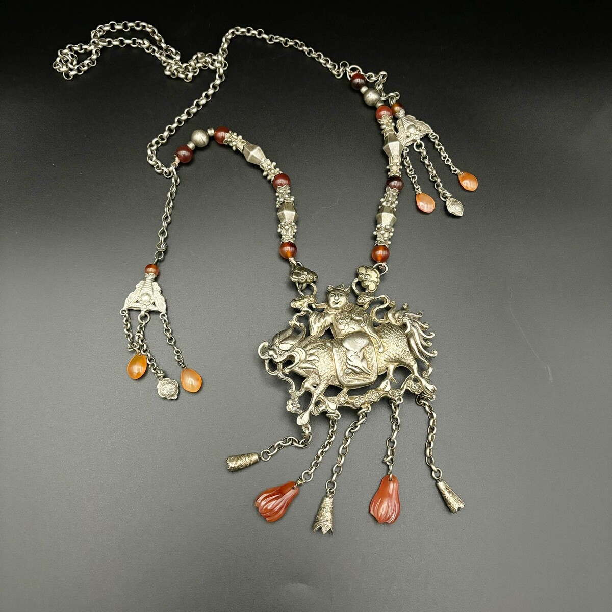 Chinese Silver Necklace With Carnelian Beads.flag 20th.c