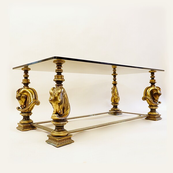 Coffee Table With Gilded Bronze Structure Of 4 Horses, Maison Charles