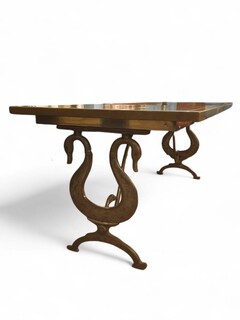 Dining room table in the style of Maison Jansen, lacquered top, cast iron and wrought iron base, circa 1970