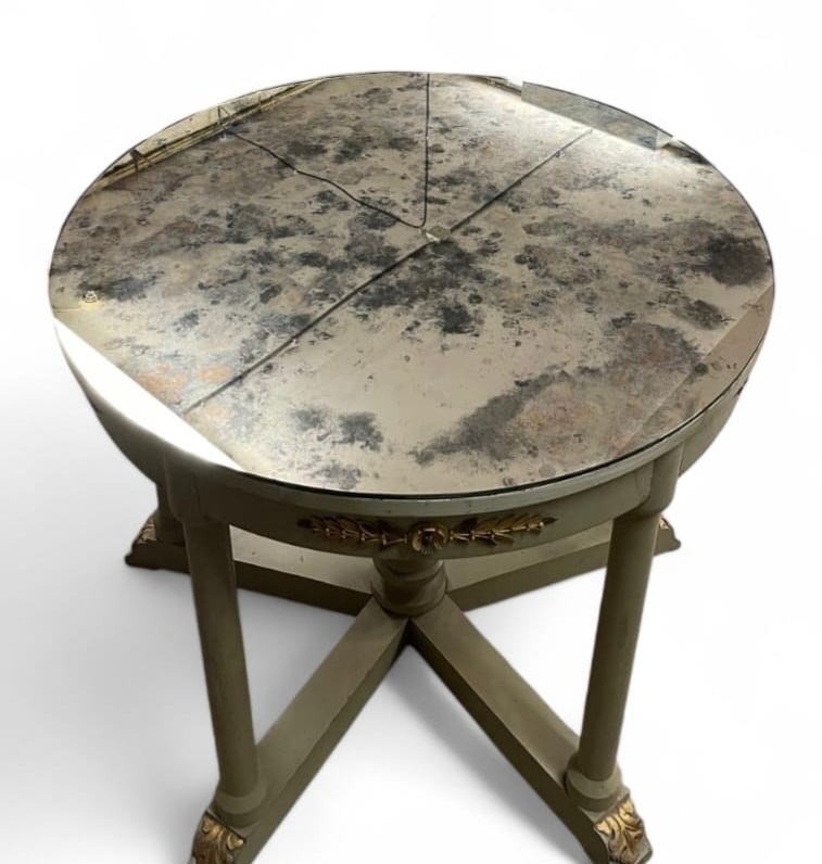 Empire style pedestal table in green patinated wood, shelf decorated with a speckled mirror, 19th