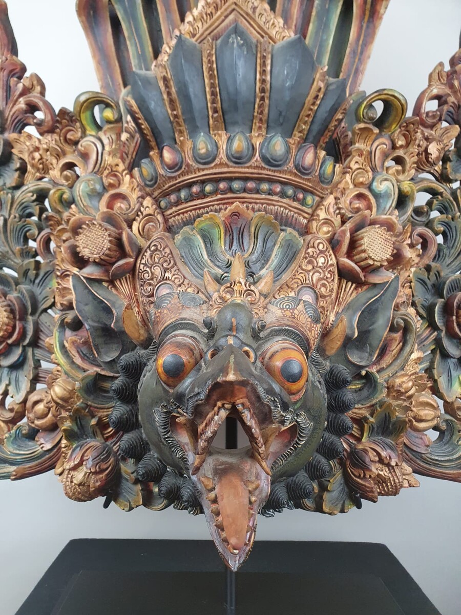 Finely carved polychrome wooden Balinese mask representing a dragon, 20th