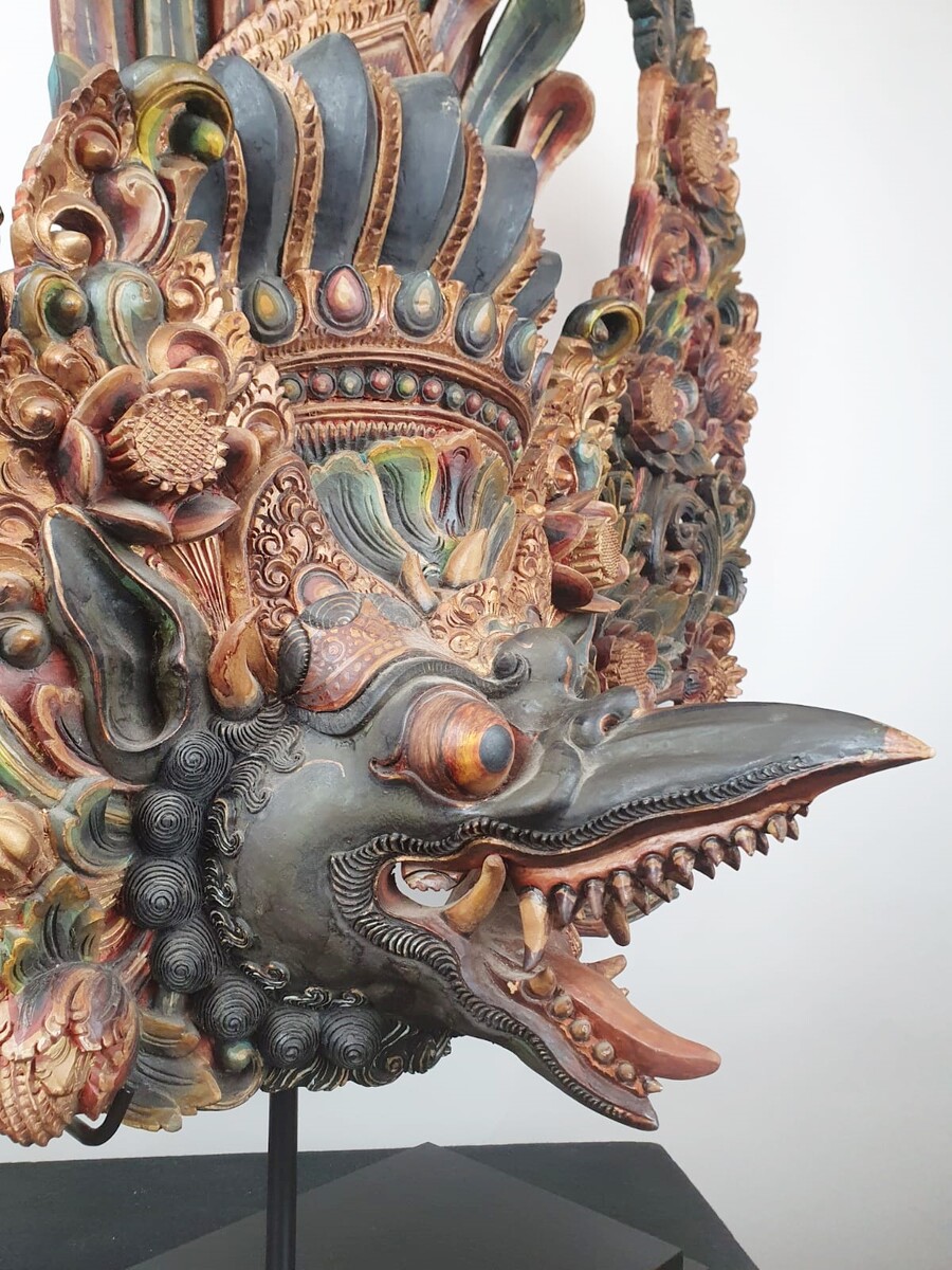 Finely carved polychrome wooden Balinese mask representing a dragon, 20th