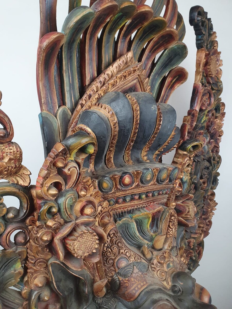 Finely carved polychrome wooden Balinese mask representing a dragon, 20th