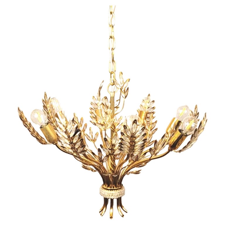 Glass and brass chandelier - 8 light arms - height with chain: 100 cm