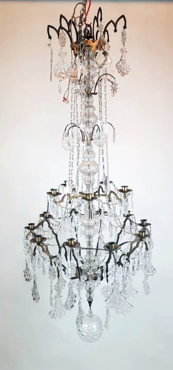 large 15 candle chandelier - brass, glass and crystal