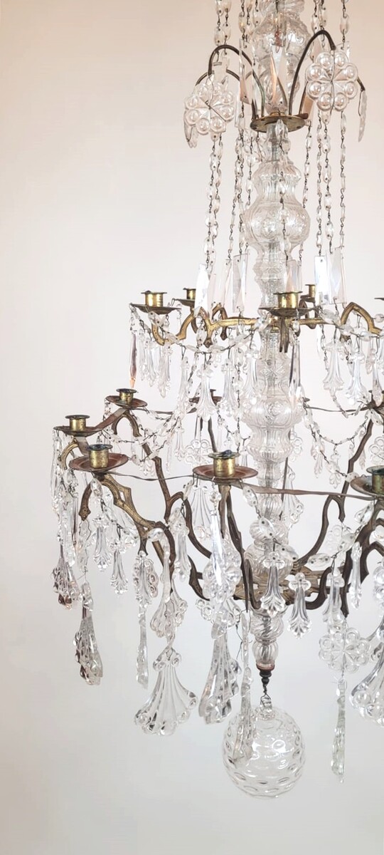 large 15 candle chandelier - brass, glass and crystal