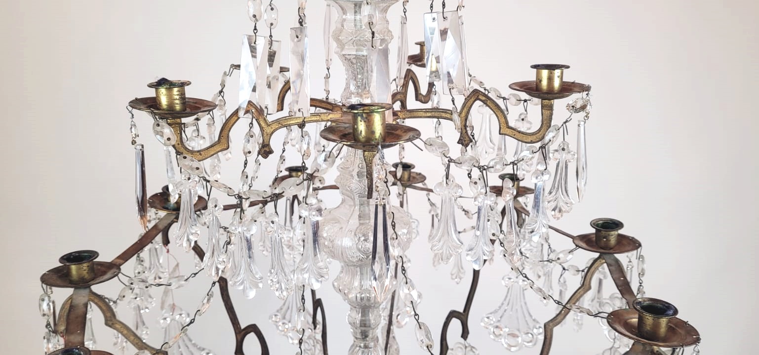 large 15 candle chandelier - brass, glass and crystal