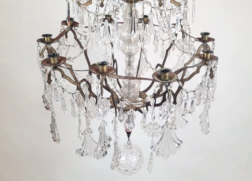 large 15 candle chandelier - brass, glass and crystal