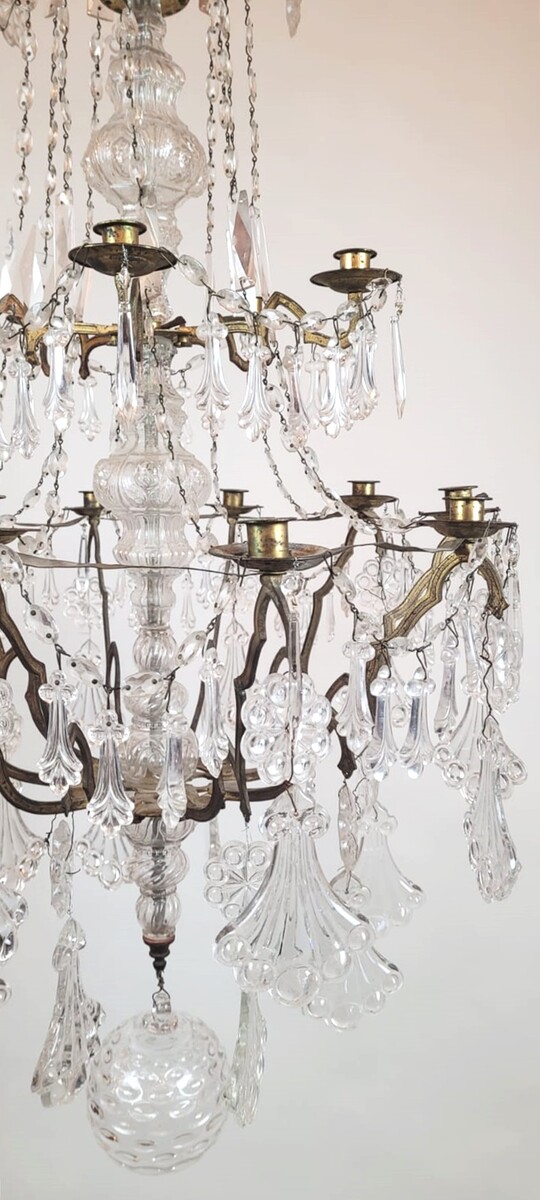 large 15 candle chandelier - brass, glass and crystal