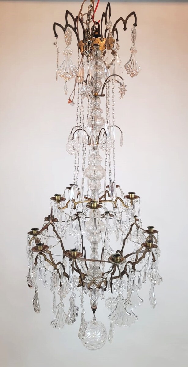 large 15 candle chandelier - brass, glass and crystal