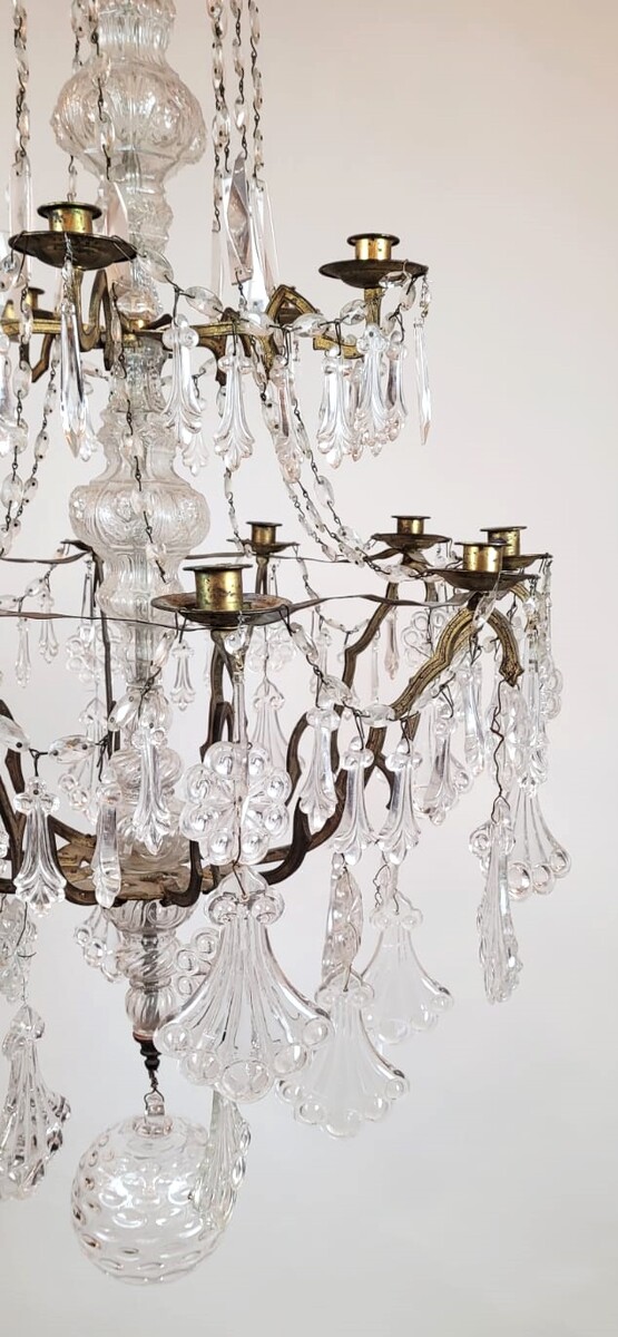 large 15 candle chandelier - brass, glass and crystal