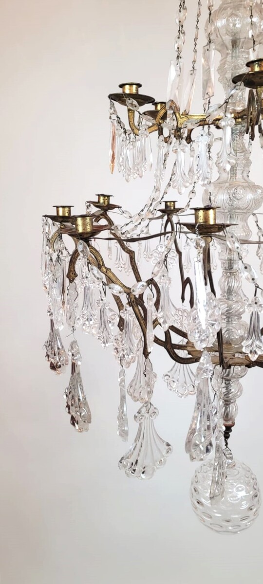 large 15 candle chandelier - brass, glass and crystal