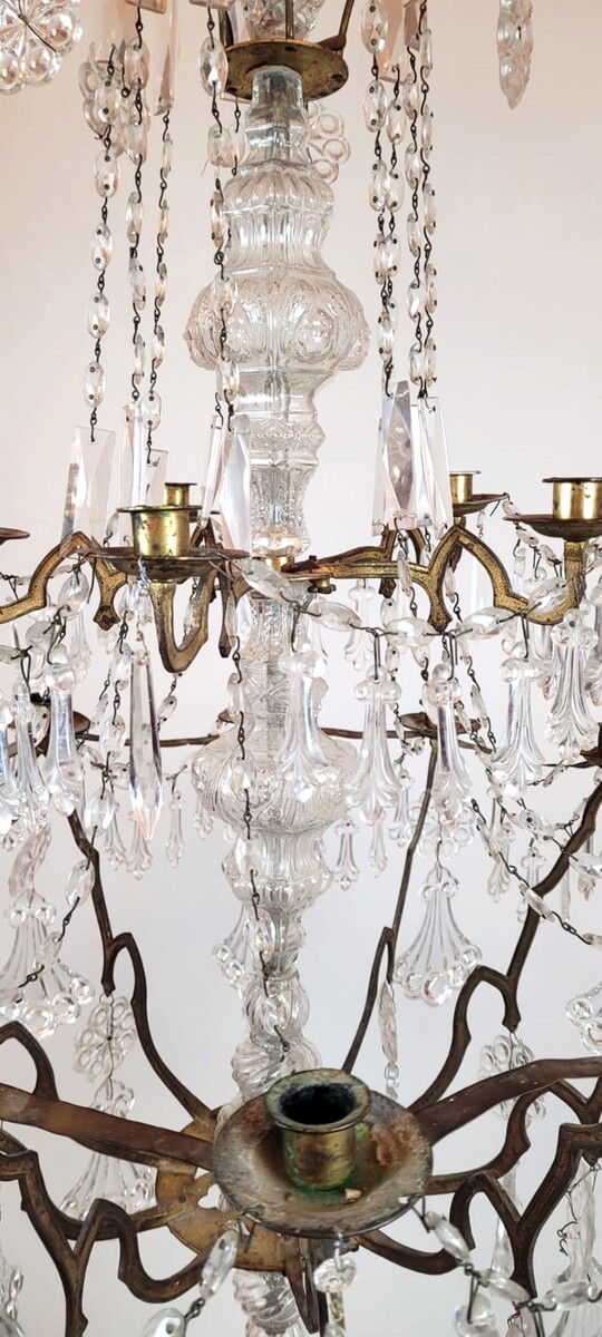 large 15 candle chandelier - brass, glass and crystal