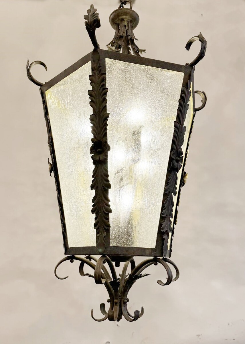 Large Lantern. Metal Structure, Original Glass Circa 1940 