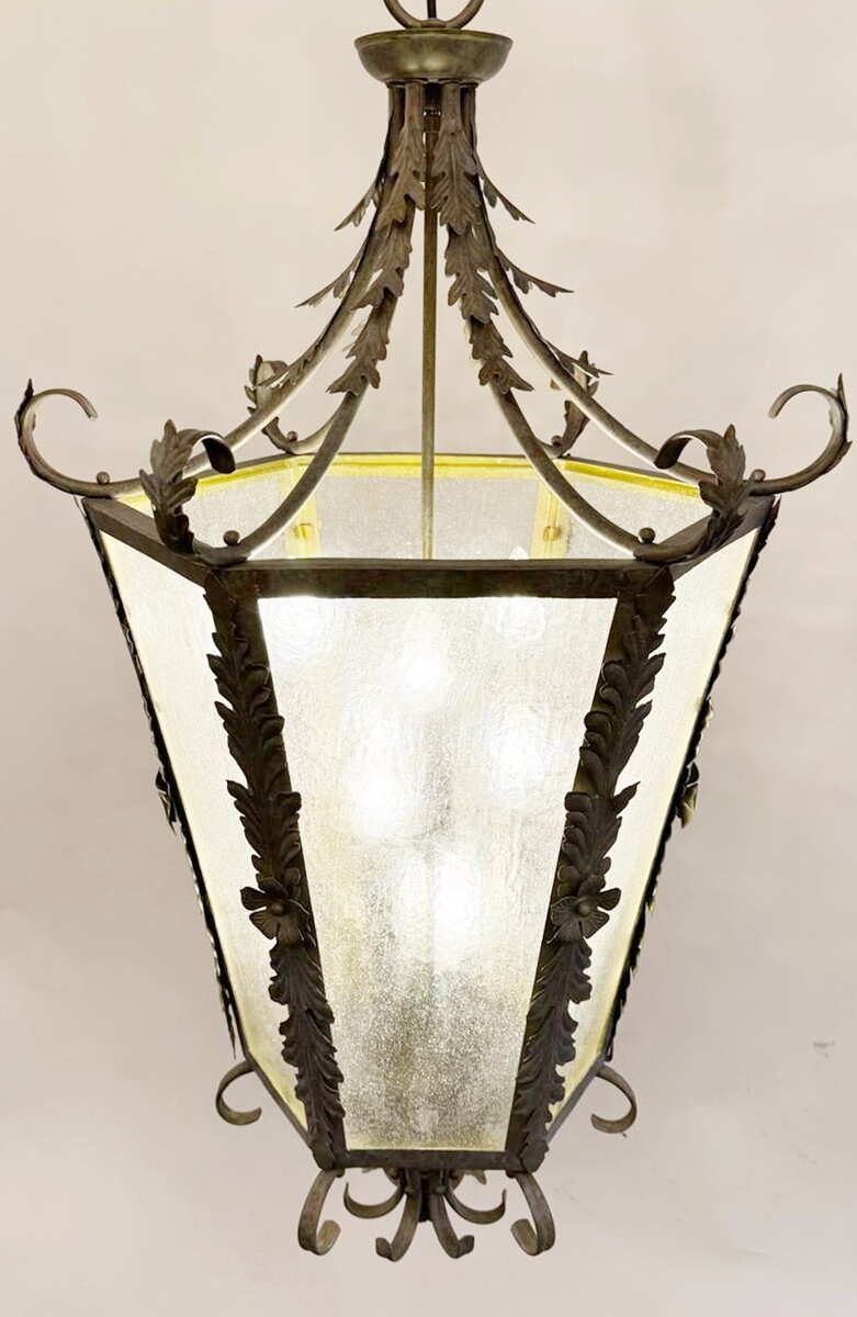 Large Lantern. Metal Structure, Original Glass Circa 1940 