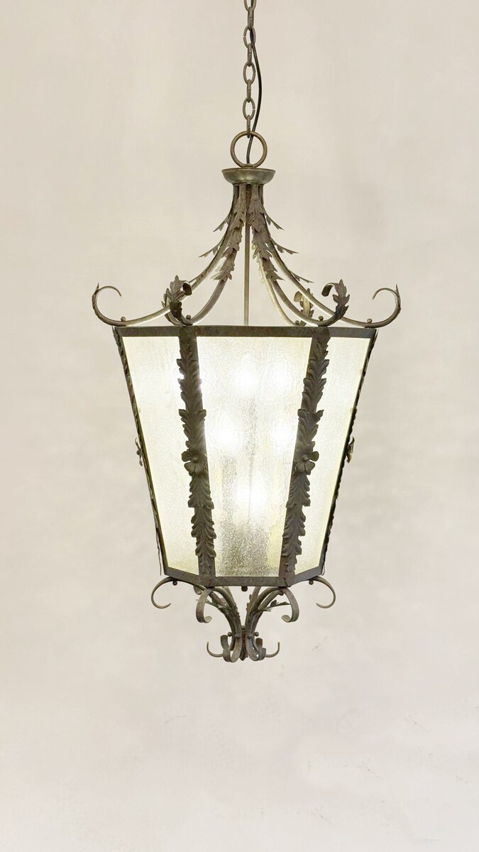 Large Lantern. Metal Structure, Original Glass Circa 1940 