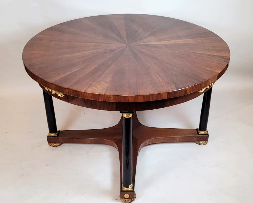 large round table with column legs from the empire period - fruitwood marquetry and gilded bronze