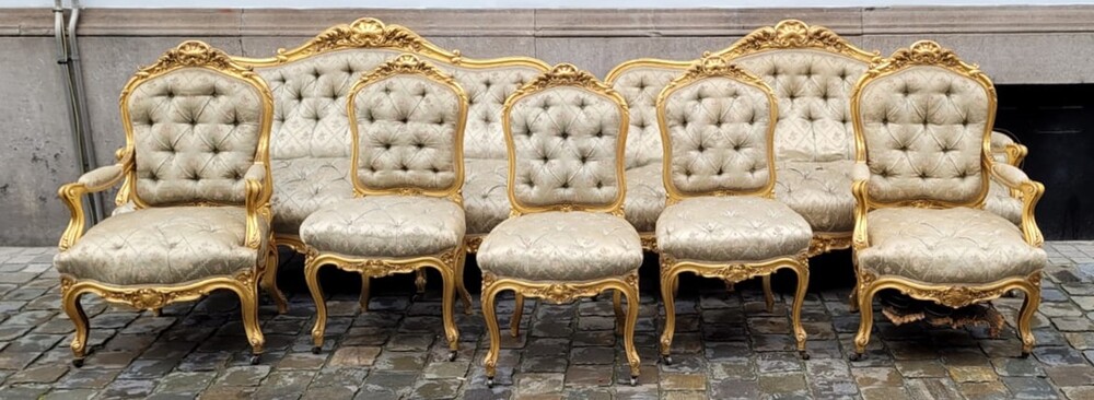 Louis XV style living room in gilded wood from the Napoleon III period 2 benches - 2 armchairs - 3 chairs