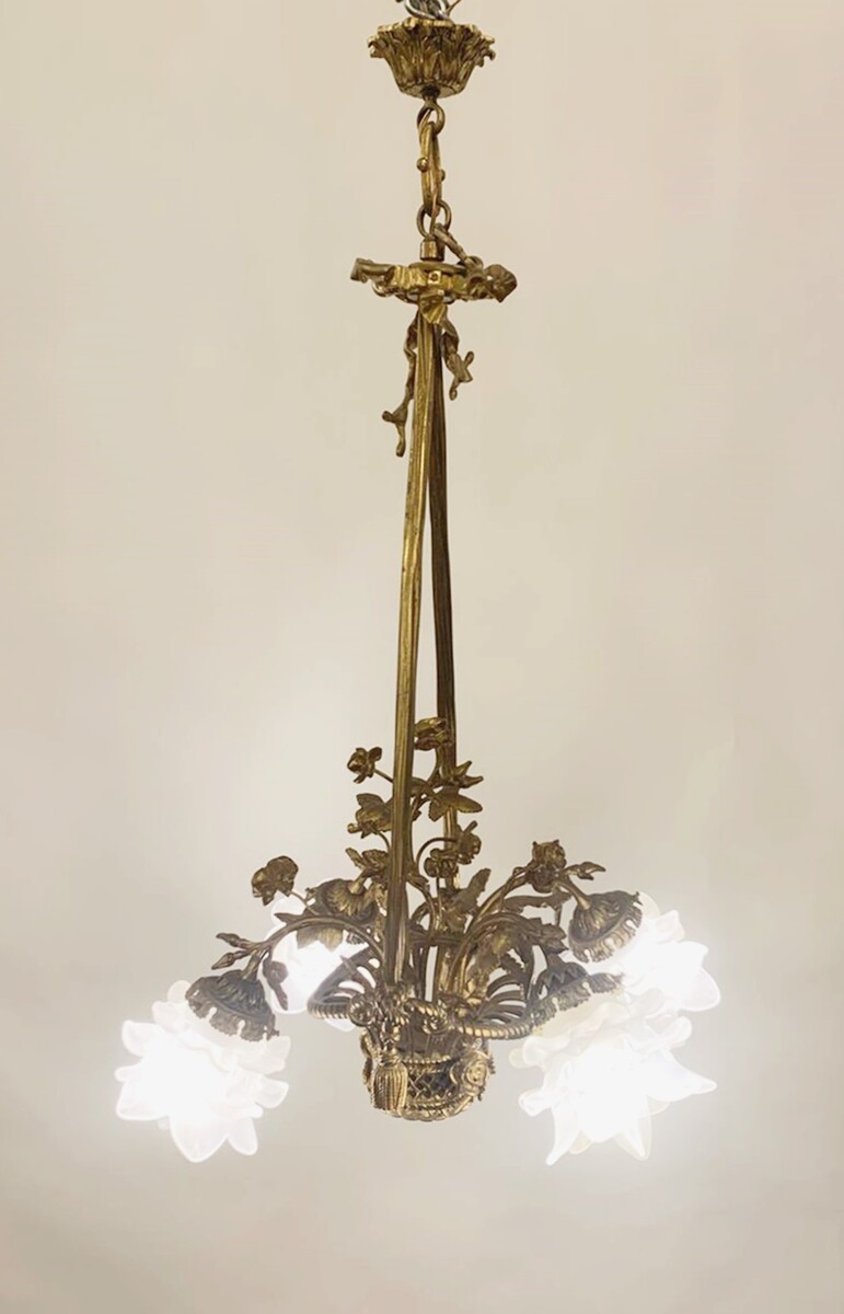 Louis XVI style gilded bronze basket chandelier - 4 light arms