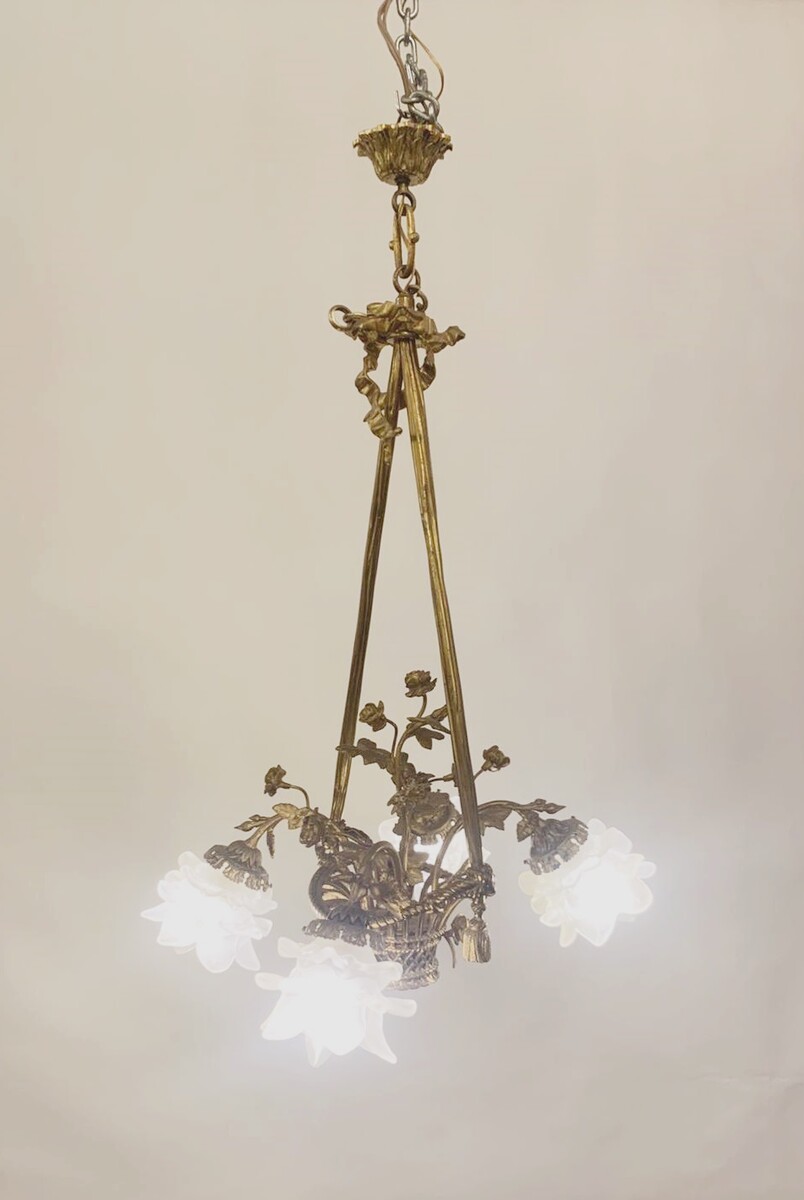 Louis XVI style gilded bronze basket chandelier - 4 light arms