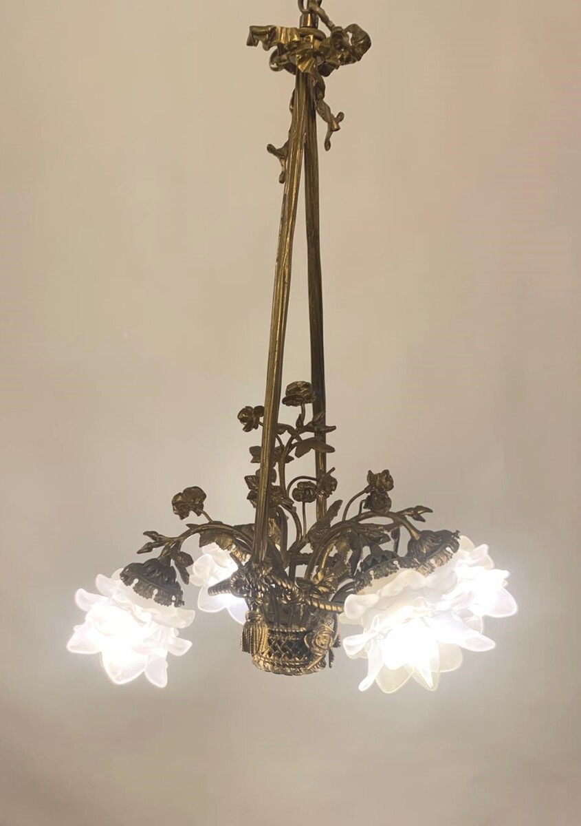 Louis XVI style gilded bronze basket chandelier - 4 light arms