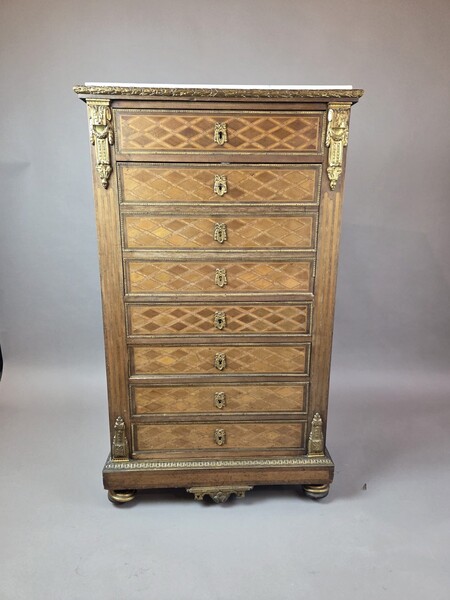 Louis XVI style secretary desk in marquetry wood and gilt bronze