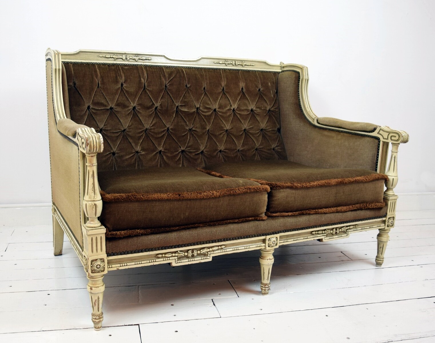 Louis XVI style sofa in patinated wood and velvet upholstery - Sofas -  Seating - Galerie Des Minimes