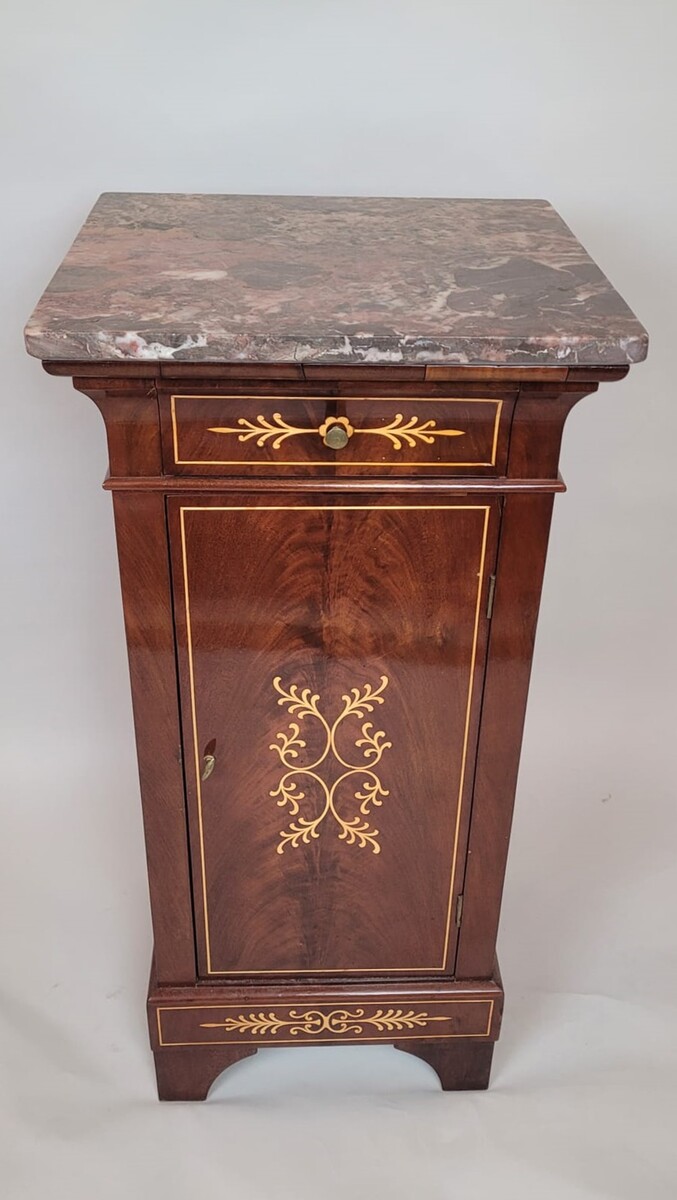 Mahogany and marquetry bedside table - marble top