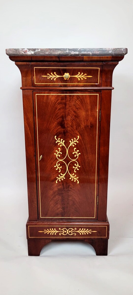 Mahogany and marquetry bedside table - marble top