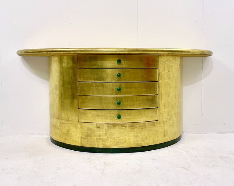 Mid-century golden leaves and Malachite cuffs demi-lune console with drawers - 1980s