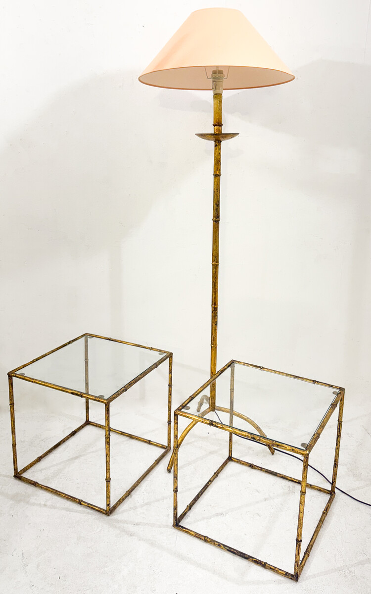 Mid-Century Modern Gold Metal Faux Bamboo Floor Lamp, in the style of Maison Baguès, France