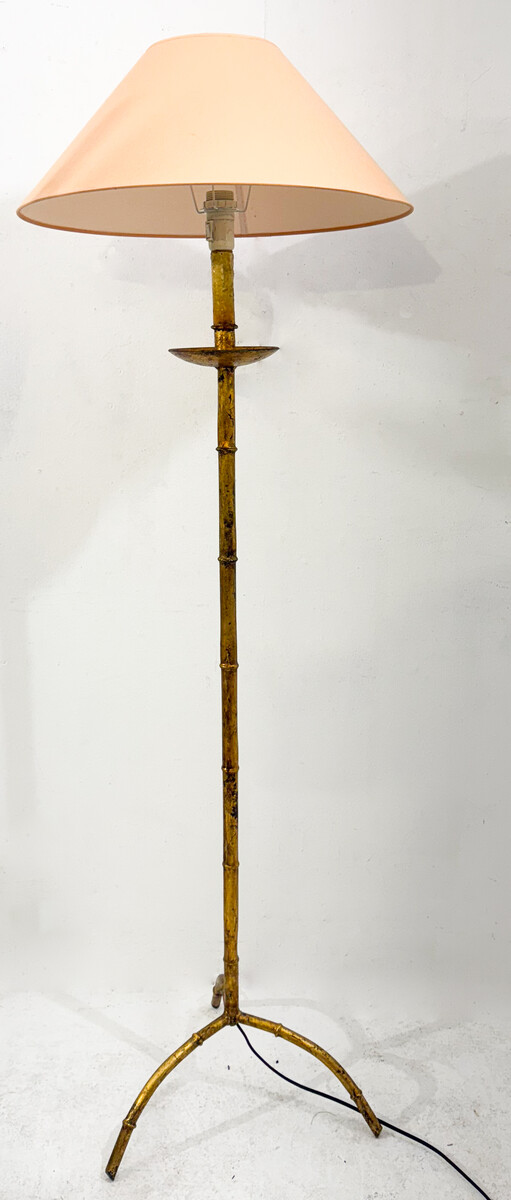 Mid-Century Modern Gold Metal Faux Bamboo Floor Lamp, in the style of Maison Baguès, France